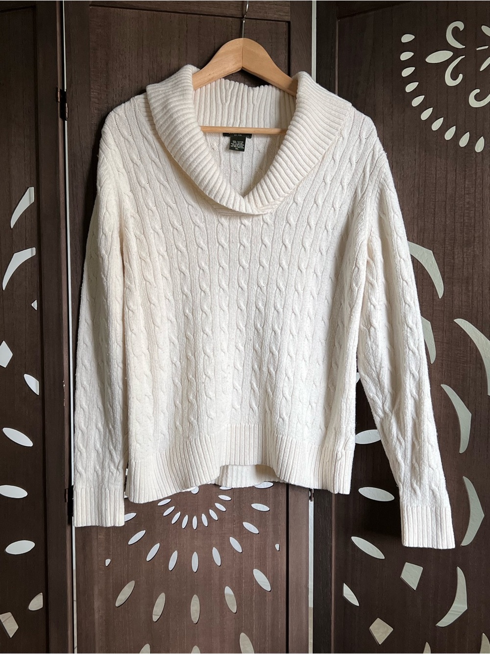 Eddie Bauer Cream Cable Knit Cowl-Neck Sweater